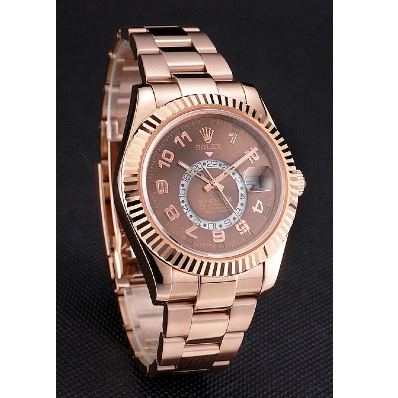 Aaa replica watch Sky Brown Case Bracelet Dweller Dial Gold Ad Rose Rolex 0629